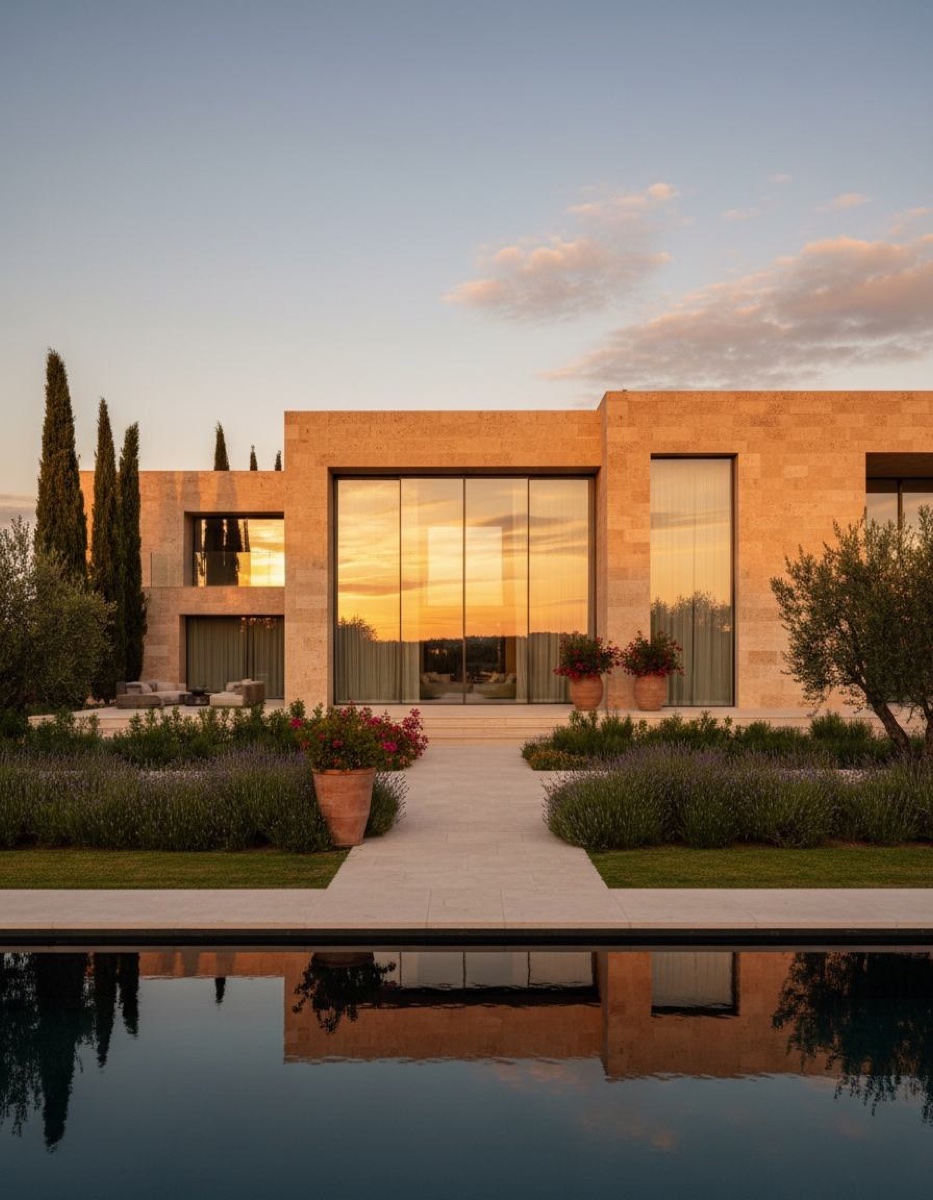 Casa contemporânea ao entardecer