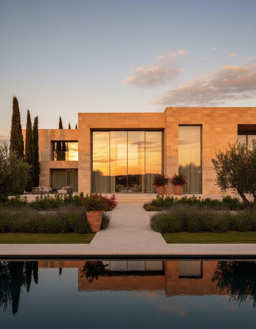 Casa contemporânea ao entardecer