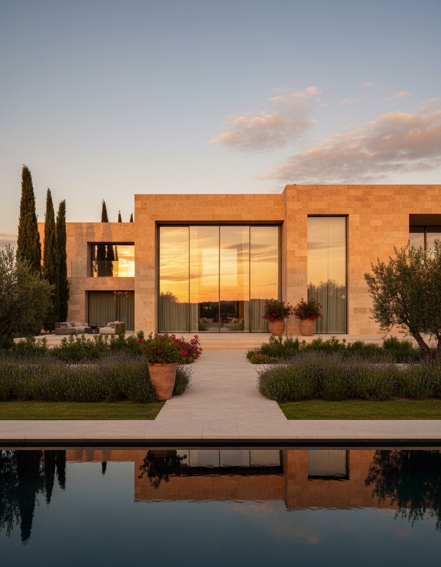 Casa contemporânea ao pôr do sol